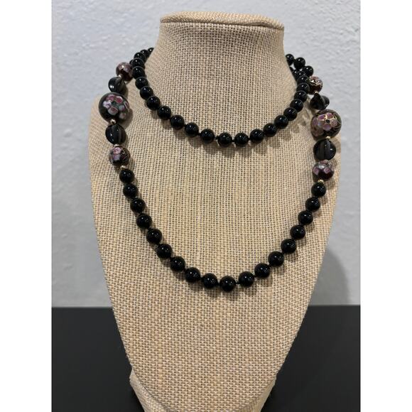 Vintage Black Stone Beads & Cloisonne Necklace - Picture 2 of 5